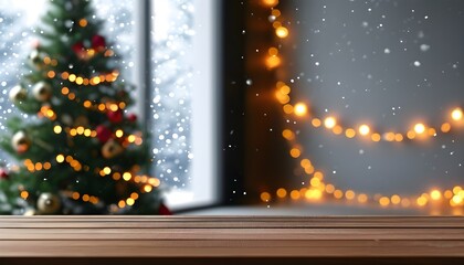 Sticker - Cozy holiday mockup featuring an empty wooden table with warm living room decor, blurred Christmas tree lights, and a snowy backdrop for product display.