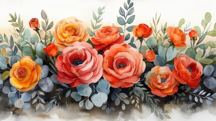 Wall Mural - A vibrant bouquet of orange and yellow roses amidst lush green leaves in a serene floral arrangement. Generative AI