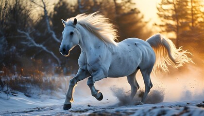 Wall Mural - Majestic white horse galloping through open fields under a bright blue sky