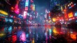 © julija - futuristic cyberpunk cityscape drenched in rain with neon lights reflecting on the wet streets creating a moody and immersive atmosphere filled with technological intrigue