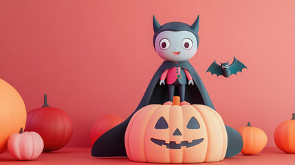 Wall Mural - A vibrant 3D vampire perches on a bright pumpkin, sharing the scene with a friendly bat, amidst a backdrop of gentle Halloween motifs and soft.