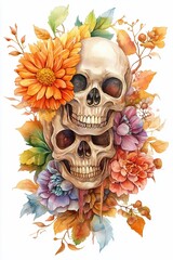 Wall Mural - Watercolor Skull and Autumn Flowers.