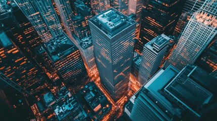 Wall Mural - A bird's-eye view of modern skyscrapers in a bustling financial district, glowing in the evening light.