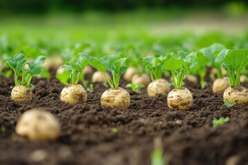 Wall Mural - Fresh potatoes growing in rows with green leaves in the field, close-up photography