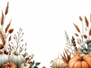 Wall Mural - Watercolor Autumn Pumpkin and Dried Floral Border.