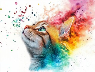 Wall Mural - Watercolor Cat with Rainbow Colors.