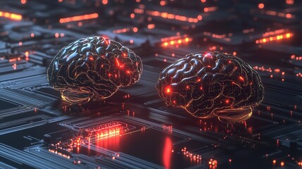 Two futuristic digital brains on a circuit technology background

