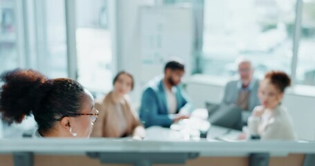 Poster - Business woman, whiteboard and meeting with team for brainstorming, planning or presentation at office. Young female person or speaker talking to group of employees on proposal or speech at workplace