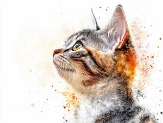 Wall Mural - Curious Cat Watercolor Portrait.