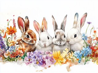 Canvas Print - Four Cute Bunnies in a Flower Garden Watercolor Illustration.