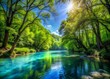 © Arethaawykoff - Calm waters of river flow smoothly beneath leafy greens of forest floor and brilliant blue heavens creating sense of peaceful coexistence.