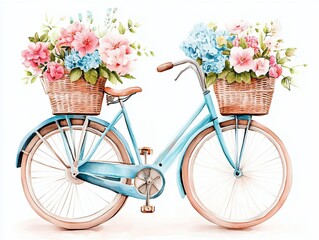 Poster - Watercolor Bicycle with Floral Baskets.