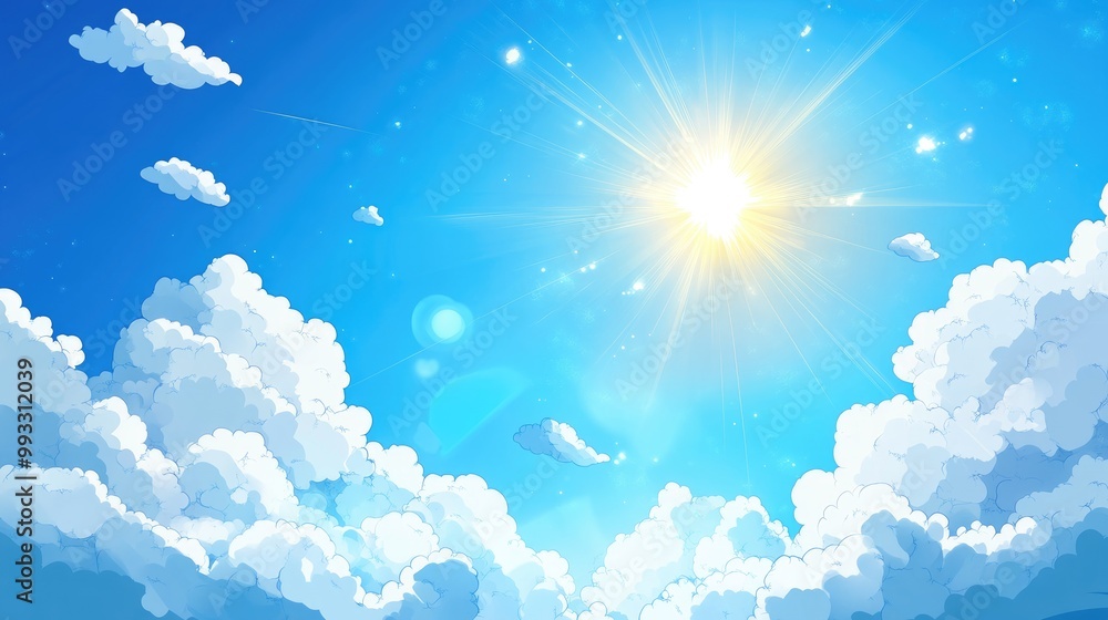 Anime style background featuring a bright blue sky with fluffy white ...