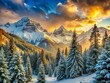 © Arethaawykoff - Snow-covered evergreen trees frame a majestic mountain vista drenched in warm golden light with a sense of calm and serenity.