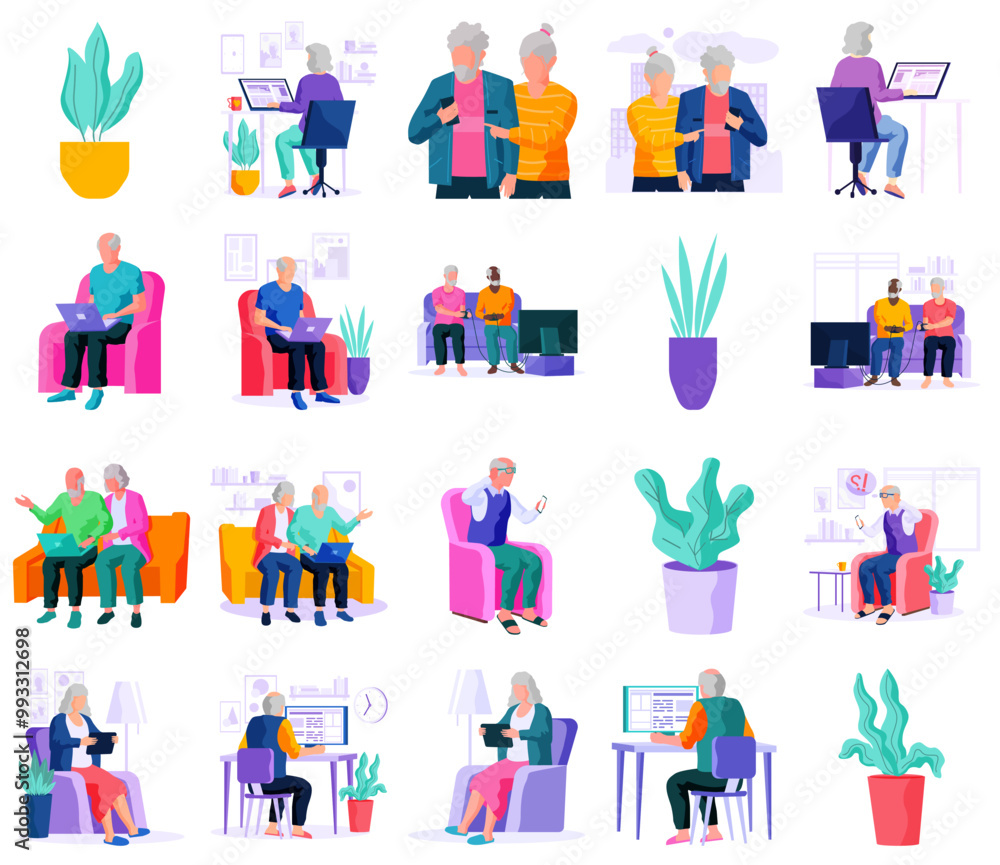 Old people. Elderly individuals are engaging in different activities such as using computers, reading, and interacting with others. Ideal for senior lifestyle, gerontology, technology use, social