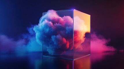 Wall Mural - A Glass Cube Encasing a Glowing Cloud of Blue and Pink Smoke