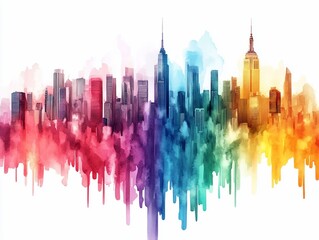 Aufkleber - Watercolor Cityscape with Rainbow Colors.