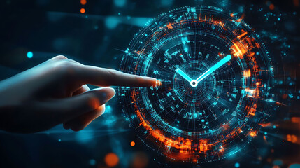 A hand points to a futuristic clock face, representing the concept of time management and efficiency.