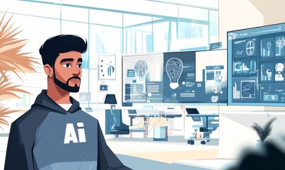 Man with AI logo in futuristic office.