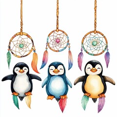 Wall Mural - Cute Penguins with Dreamcatchers Watercolor Illustration.