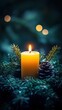 © BG_Illustrations - Advent wreath with one lit candle surrounded by Christmas decor and evergreen branches