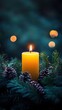 © BG_Illustrations - Advent wreath with one lit candle surrounded by Christmas decor and evergreen branches