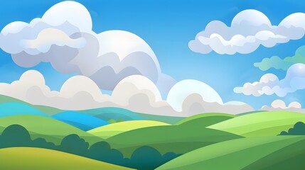 Cheerful Cartoon Landscape Featuring Bright Blue Sky, Fluffy White Clouds, and Soft Rolling Hills of Green Grass