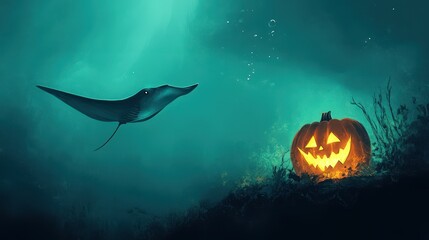 manta ray gliding above a glowing pumpkin
