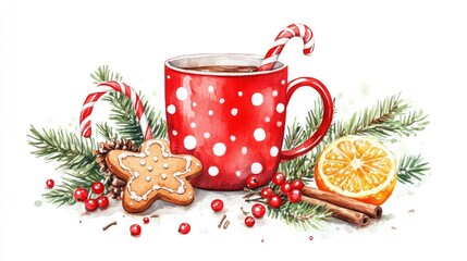 Christmas greeting card featuring a red mug with polka dots gingerbread cookie candy cane berries conifer twigs cinnamon and orange in a watercolor style isolated on white