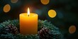 © BG_Illustrations - Advent wreath with one lit candle surrounded by Christmas decor and evergreen branches