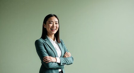 Wall Mural - Joyful young Asian woman with straight hair wearing business attire on plain light green background