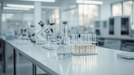 A close-up view of a laboratory workbench featuring neatly organized test tubes, beakers, and specialized lab equipment, with a focus on precision instruments and the glint of glas