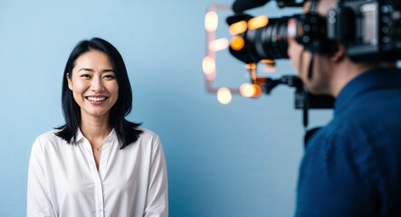 Smiling young Asian woman wearing casual white blouse on plain blue background