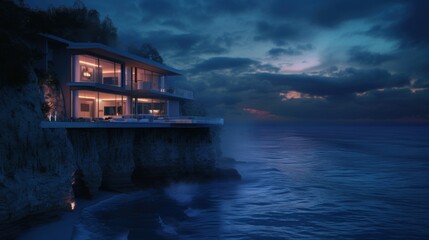 A contemporary house rests beautifully on the lakes shore at night