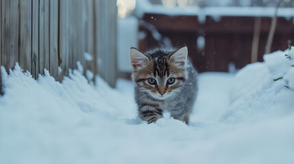 A curious kitten exploring a snow-covered backyard, its small paws leaving impressions in the fresh snow while it gazes intently at its surroundings