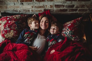 A mother cuddles her children on a bed on Christmas morning or during the holidays