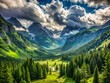 © Arethaawykoff - Alpine valley unfurls, emerald green under scattered puffy clouds, hemmed by towering conifers.