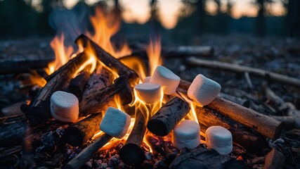 Canvas Print - Focus on a campfire with marshmallows roasting, soft pastel-colored forest and twilight sky behind 