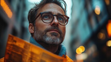 male engineer overseeing urban construction projects displayed with a focus on determination and leadership in a bustling city environment