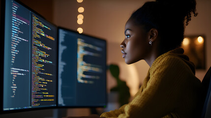 A young Black female software engineer focused on coding at her dual monitors, illuminated by screen light in a cozy workspace