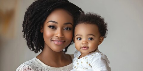 Black Mom Posing With Baby Toddler On White Studio Background, Generative AI