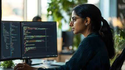 A confident female coder of Indian descent works intently at her computer, coding in a modern office environment surrounded by plants and natural light