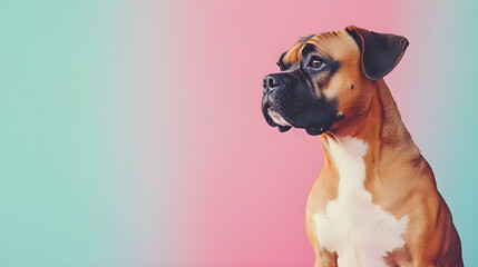 Minimalist boxer dog portrait against a solid colored background showcasing a thoughtful expression and striking features of the breed