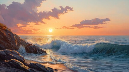 Wall Mural - Tranquil Sunset over a Rocky Shore with Waves Surging Ashore