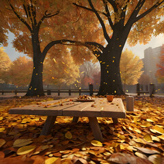 A captivating 3D depiction of a delightful autumn scene, featuring a wooden table surrounded by a sea of falling yellow, orange, and brown leaves. A steaming mug of coffee with a warm, inviting brown 