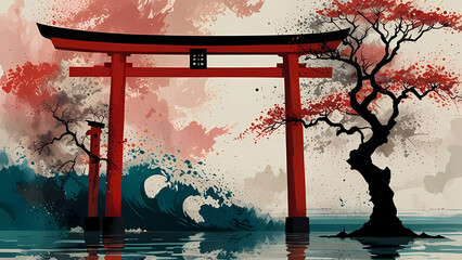 abstract fusion of traditional and modern art, where a Torii gate is seen in the center, outlined with bold strokes