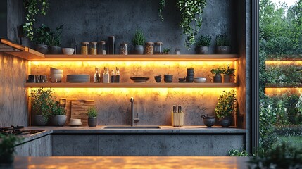 Wall Mural - A modern, minimalist kitchen with a light bar counter, a rectangular sink, and kitchenware stacked on stylish open shelves