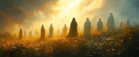 Wall Mural - serene prayer gathering in lush field figures bathed in ethereal light spiritual illustration depicting faith connection and worship with soft dreamy aesthetic and subtle religious symbolism