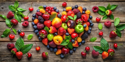 Vibrant Heart-Shaped Fruits Displayed on a Wooden Table Surrounded by Green Leaves and Nature Elements