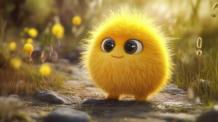 Wall Mural - Adorable yellow fuzzy creature in 3D cartoon style